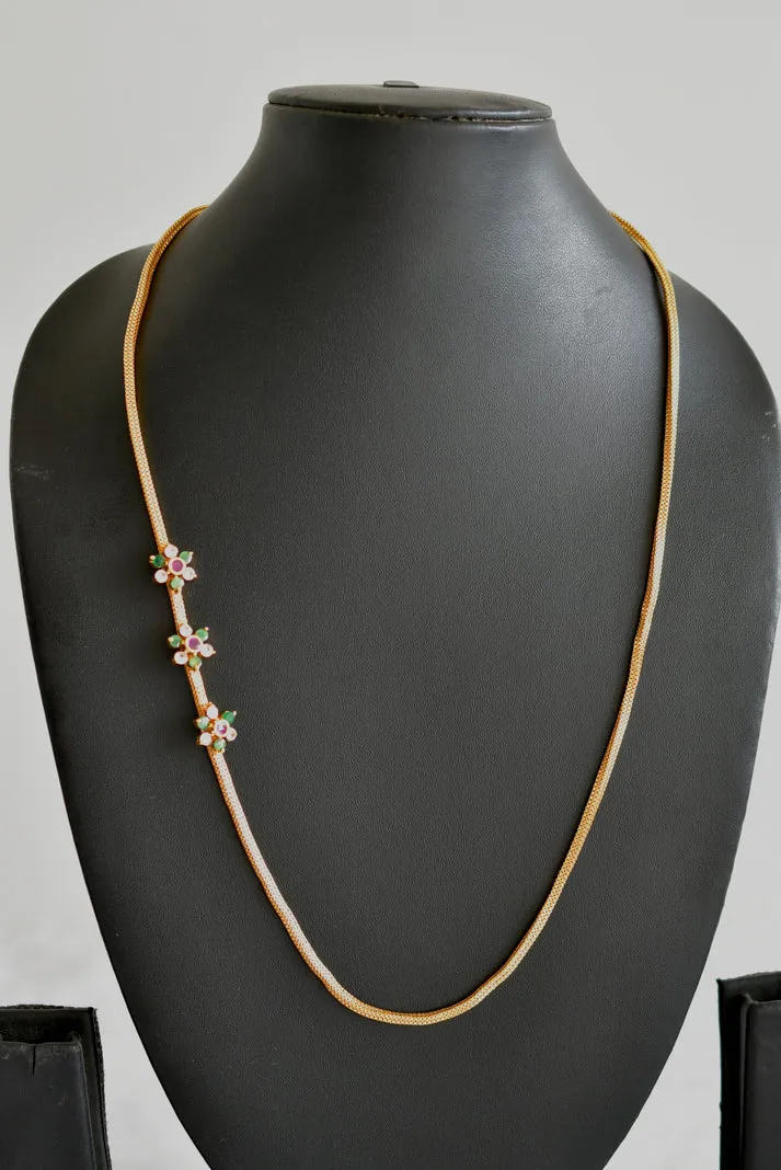 Gold tone AD Pink Green White Stone Flower Mugappu Chain